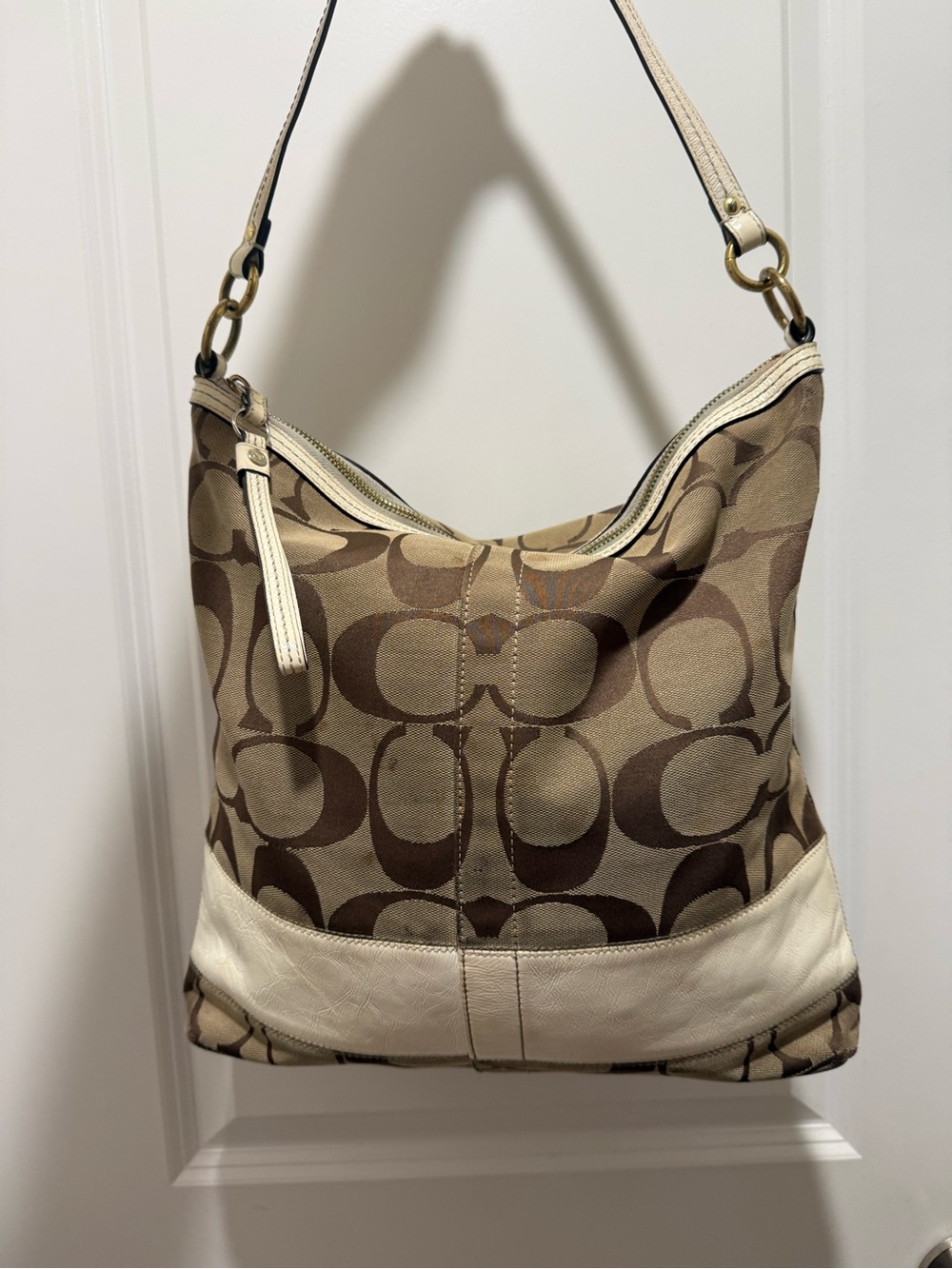 Coach Brown Signature Canvas Shoulder Bag with Cream Trim